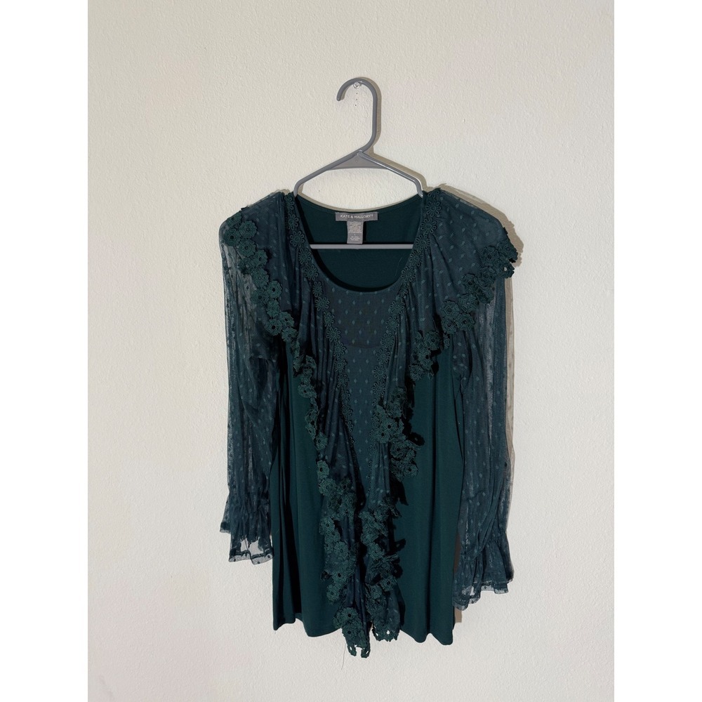 Kate & Mallory Women's Green Sheer Sleeve Lace Trim Ruffle Blouse Top L